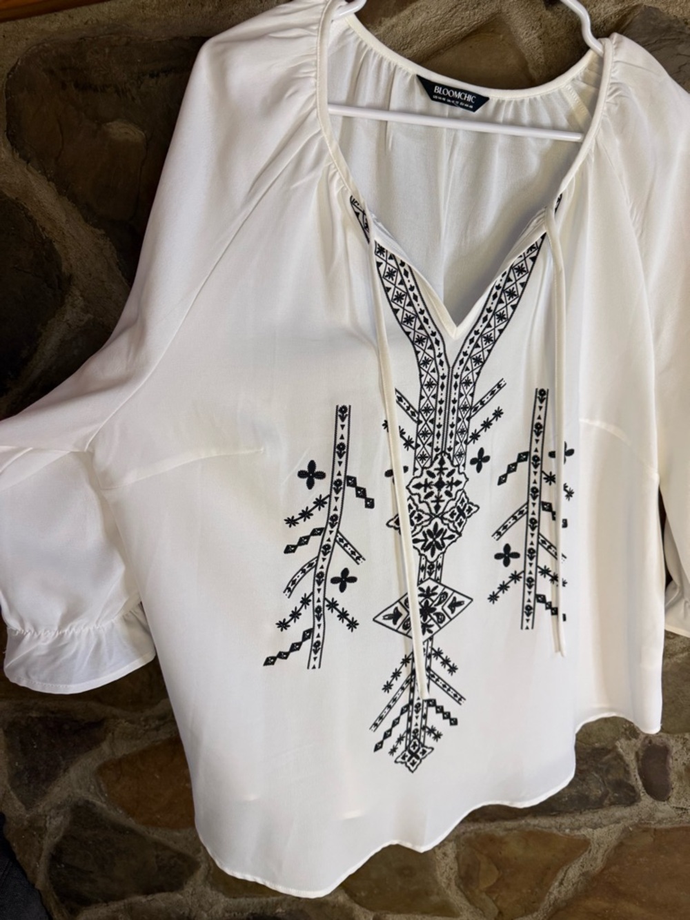 BloomChic Black and White Embroidered Peasant Top Boho